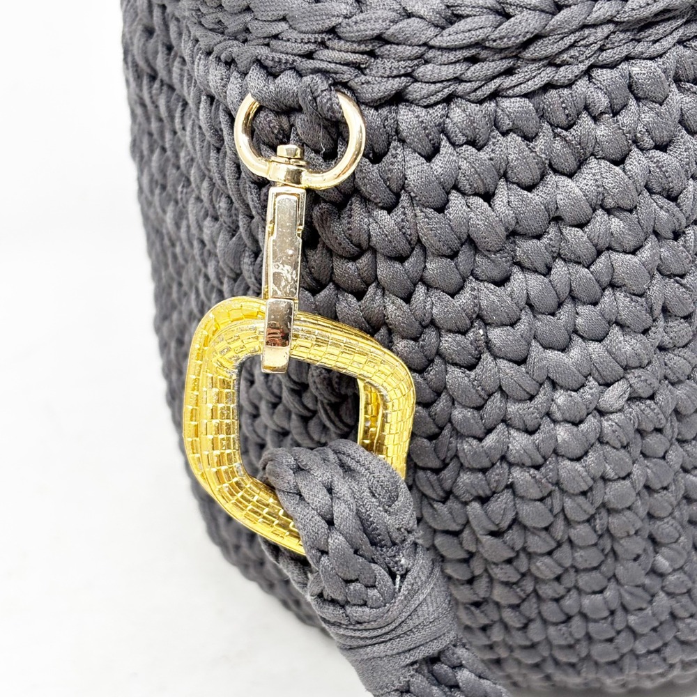 Saeli Handmade Crochet Bucket Bag Charcoal Gray Drawstring Satin Lined Beaded - Picture 6 of 13